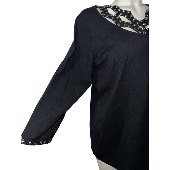 New ASHLEY STEWART Top Sz 18/20 Black Nailhead Stud Strappy Neck Knit Pullover - Picture 3 of 10